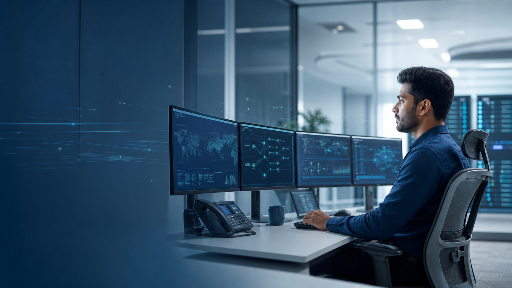 IT specialist monitoring secure business network infrastructure